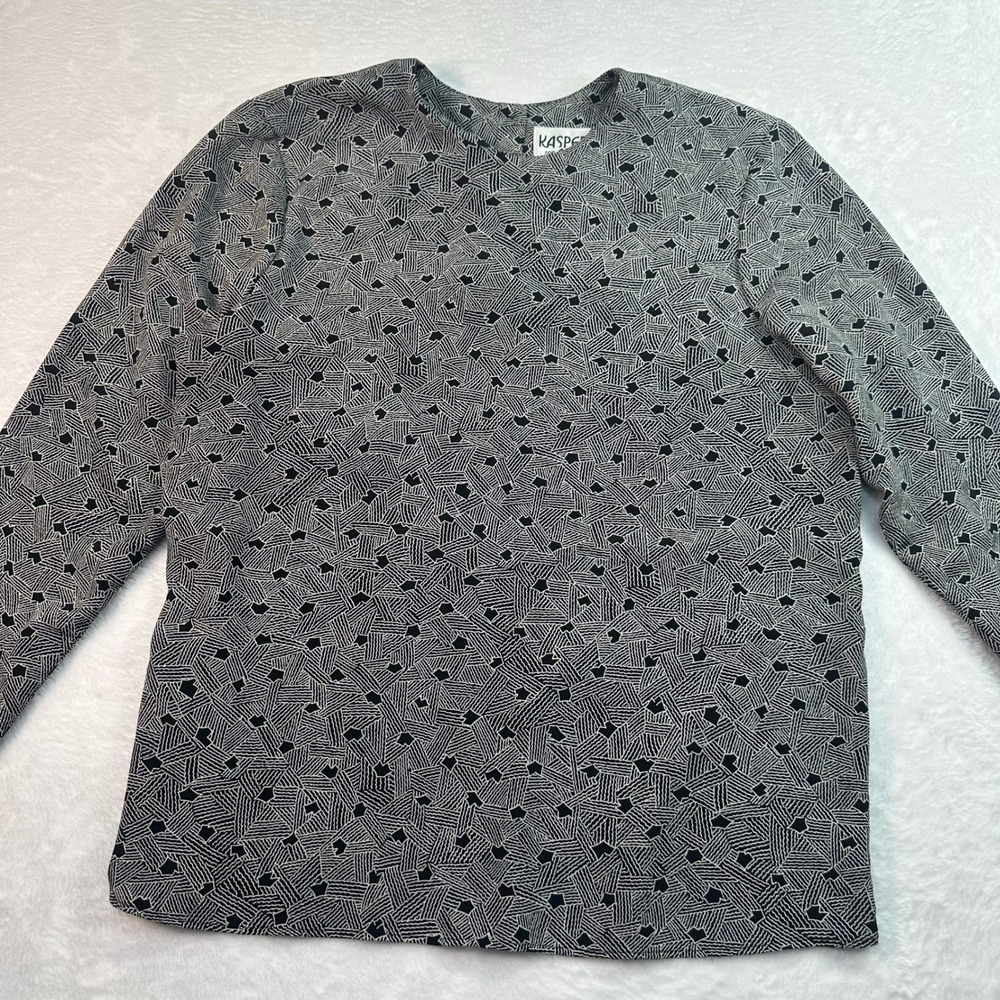 Kasper for A.S.L. Blouse Women 12 Black Geometric Abstract Long Sleeve Top